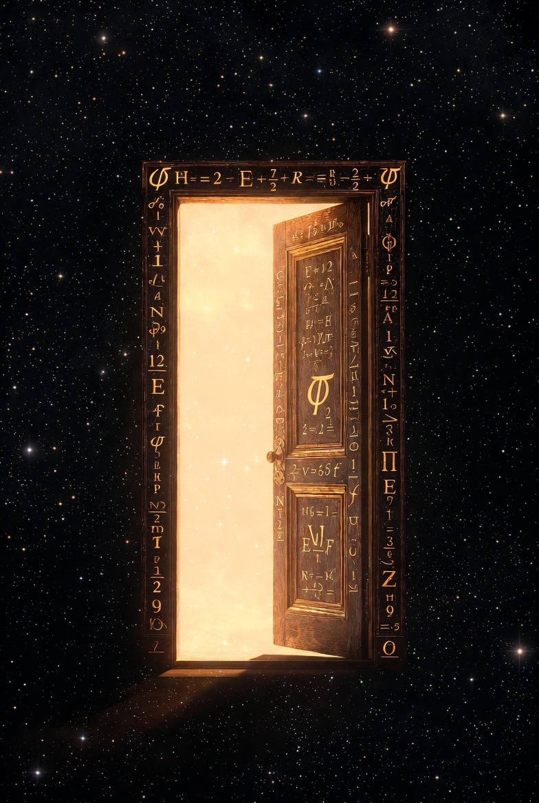 A golden door standing open in starlight, covered in mathematical equations