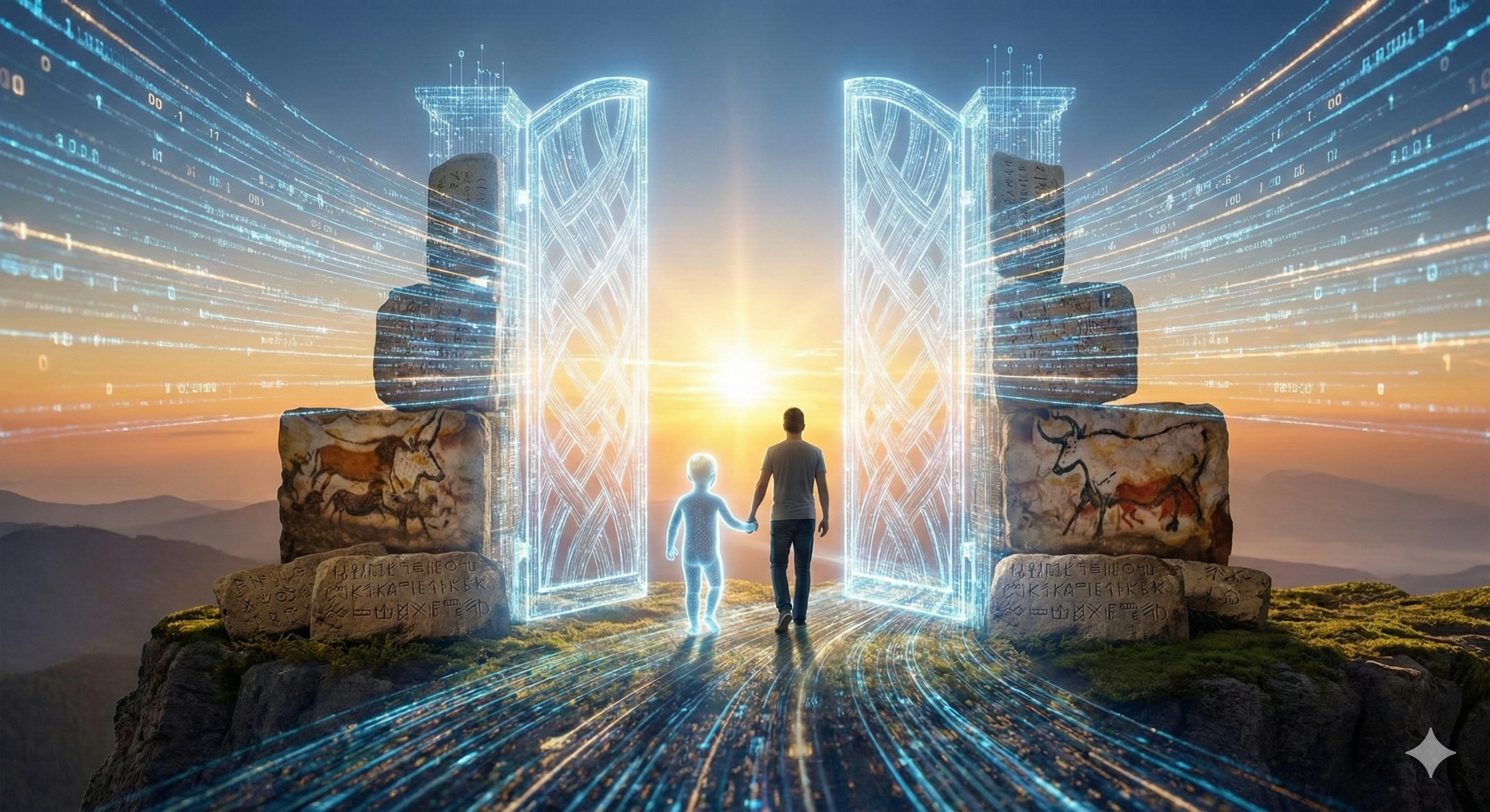 The Future — Humanity and its creation walking together through a gate built on shared values
